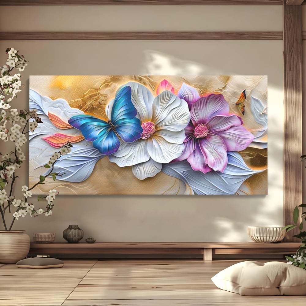 Tablou canvas cu tablou canvas cu flori si fluture, fara rama, pe sasiu de lemn
